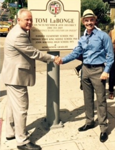 Tom LaBonge and Mitch O'Farrell at the newly designated LaBonge Squre in Los Feliz.