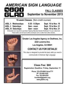 The promotional flyer for GLAD's Fall 2015 ASL courses.