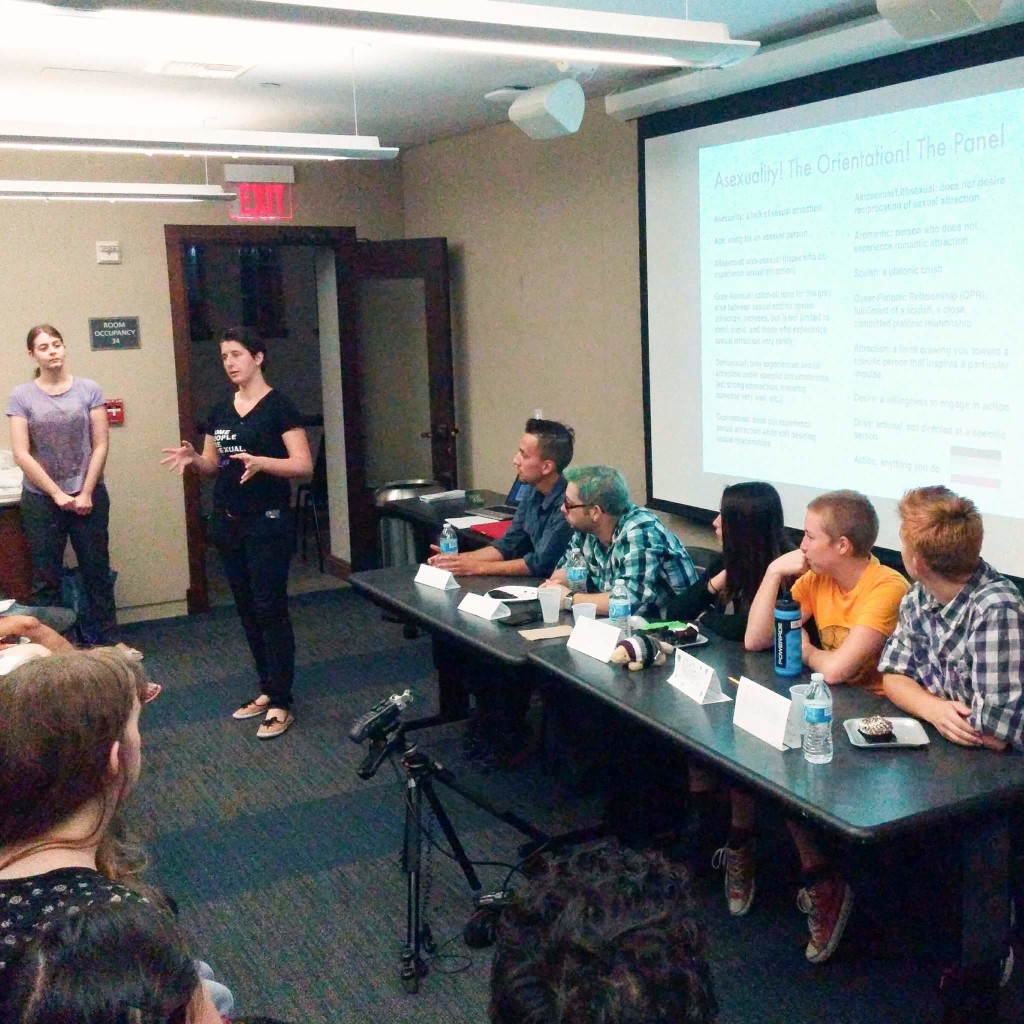Samantha Chappell (left) of Ace LA discusses asexual terminology. From left to right, the panelists: Carmelo, Brennan, Brelyn, Riley, and Alston.