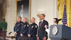 Captain Ray Bottenfield (left), Officer Robert Sparks (center), Officer Jason Salas (right), are awarded the National Medal of Valor from President Barack Obama for their outstanding courage.