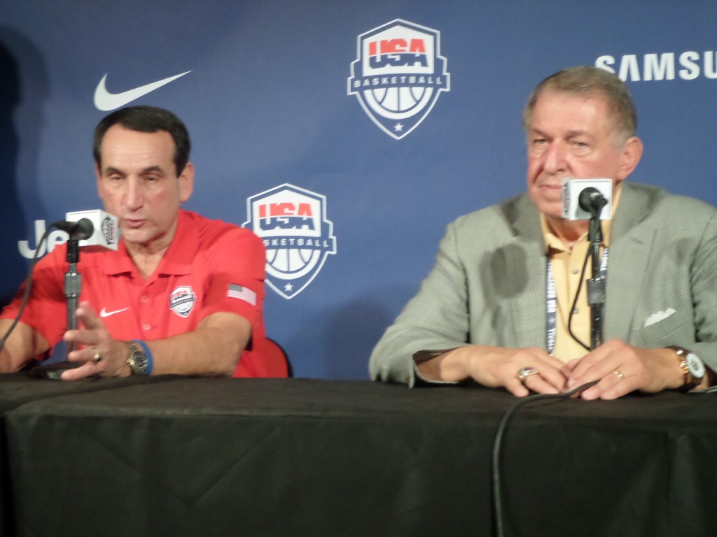 Team USA Head Coach Mike Krzyzewski and Managing Director Jerry Colangelo answer questions at a 2014 press conference. (PHOTO: Michael C. Floch) 
