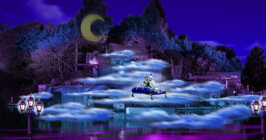 One of the new features of Fantasmic!: Aladdin and Jasmine drift above a bed of fog on their magic carpet