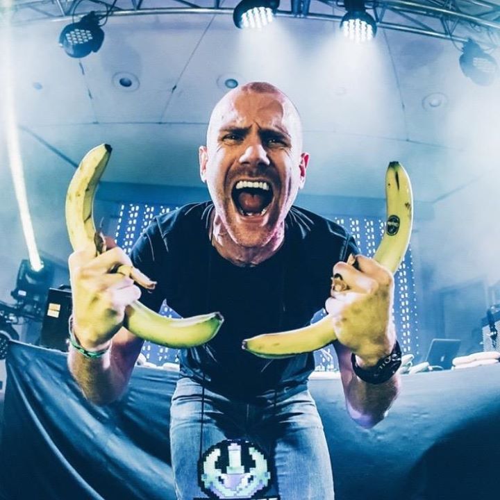 Stefan Engblom of Swedish band Dada Life poses with bananas; on May 19, Dada Life donated 2,500 bananas to the SOVA Metro Food Bank