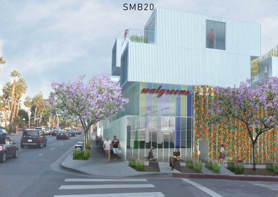 City of West Hollywood is currently in negotiations with Walgreens Boots Alliance over the lot at the corner of Santa Monica and Crescent Heights. Photo courtesy of Lorcan O'Herlihy Architects.