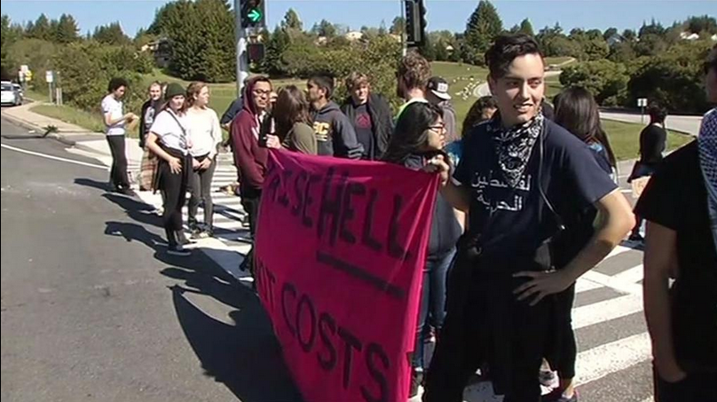 Student protesters blocking an entrance to UC Santa Cruz Campus, March 5