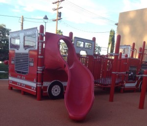 The park's firetruck-shaped play area. Photo via Josie P on Yelp.