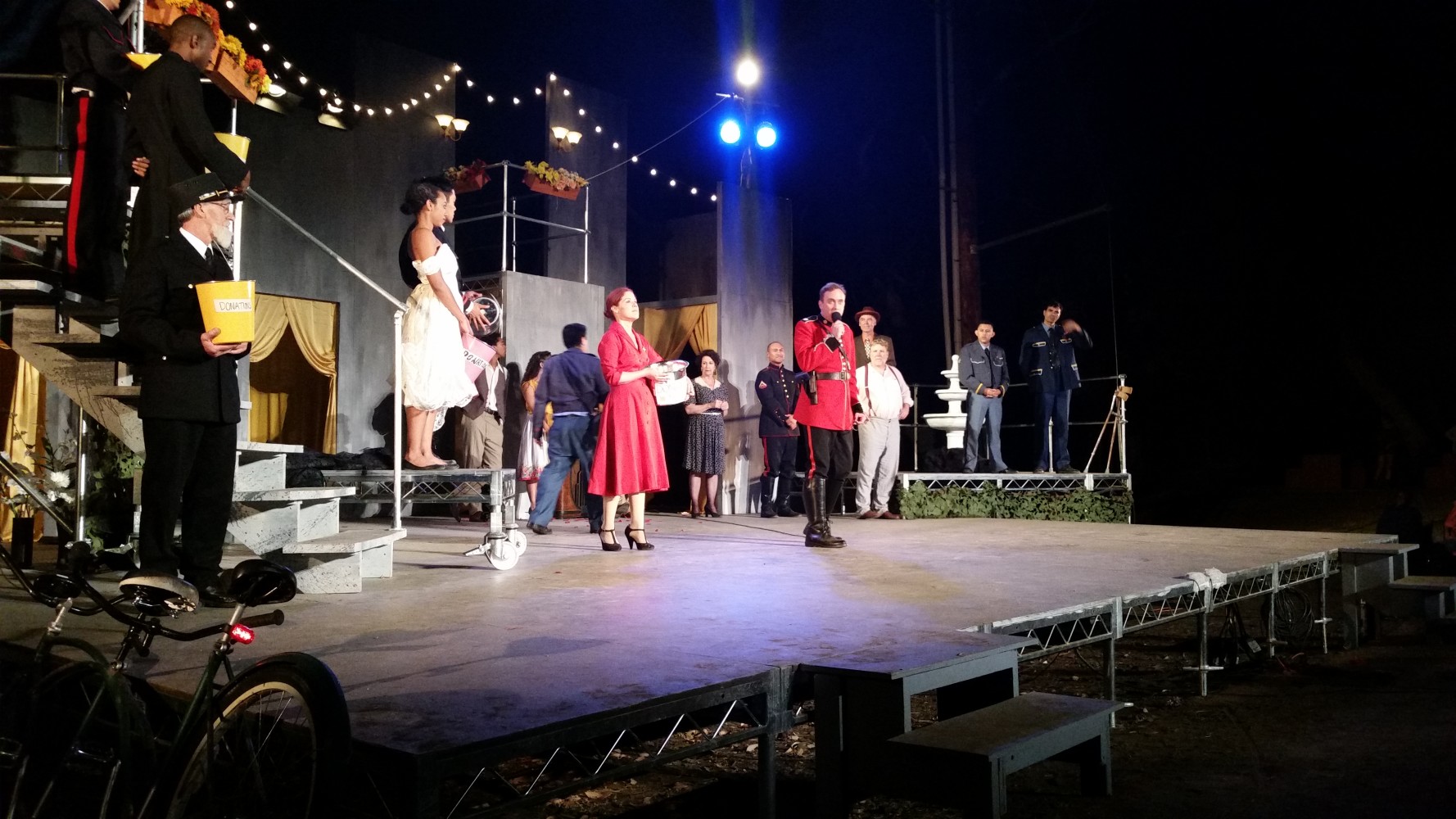 The cast of Much Ado About Nothing humbly requests donations after the performance.