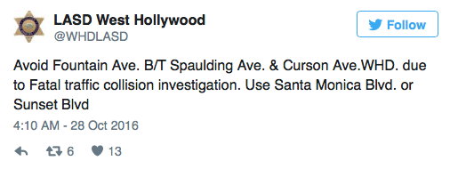 The Los Angeles Sheriff's Department's West Hollywood Station tweeted the incident.