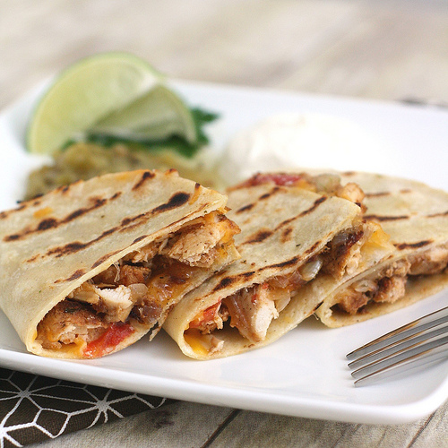 Grilled Quesadillas with Grilled Chicken, Tomatoes, and Onions, from Tracey’s Culinary Kitchen