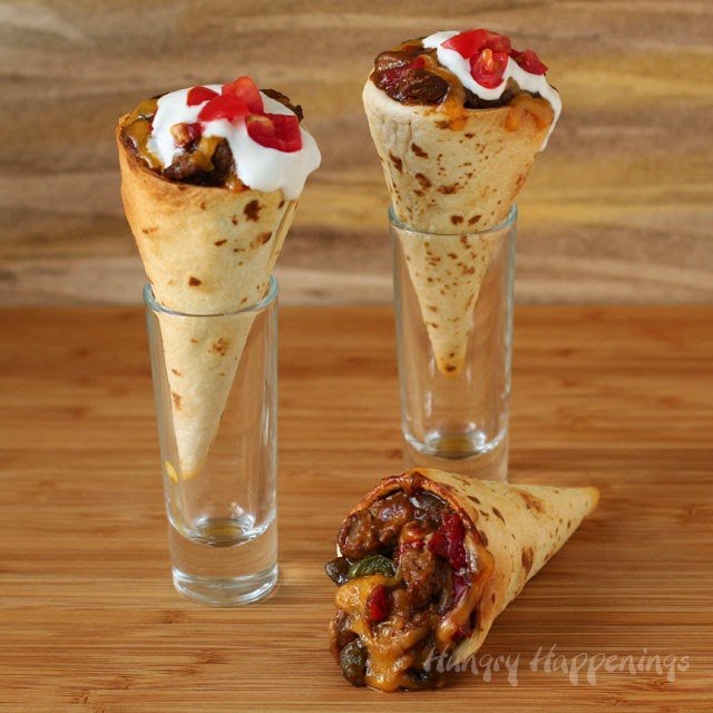 Steak and Pepper Tortilla Cones, from Hungry Happenings