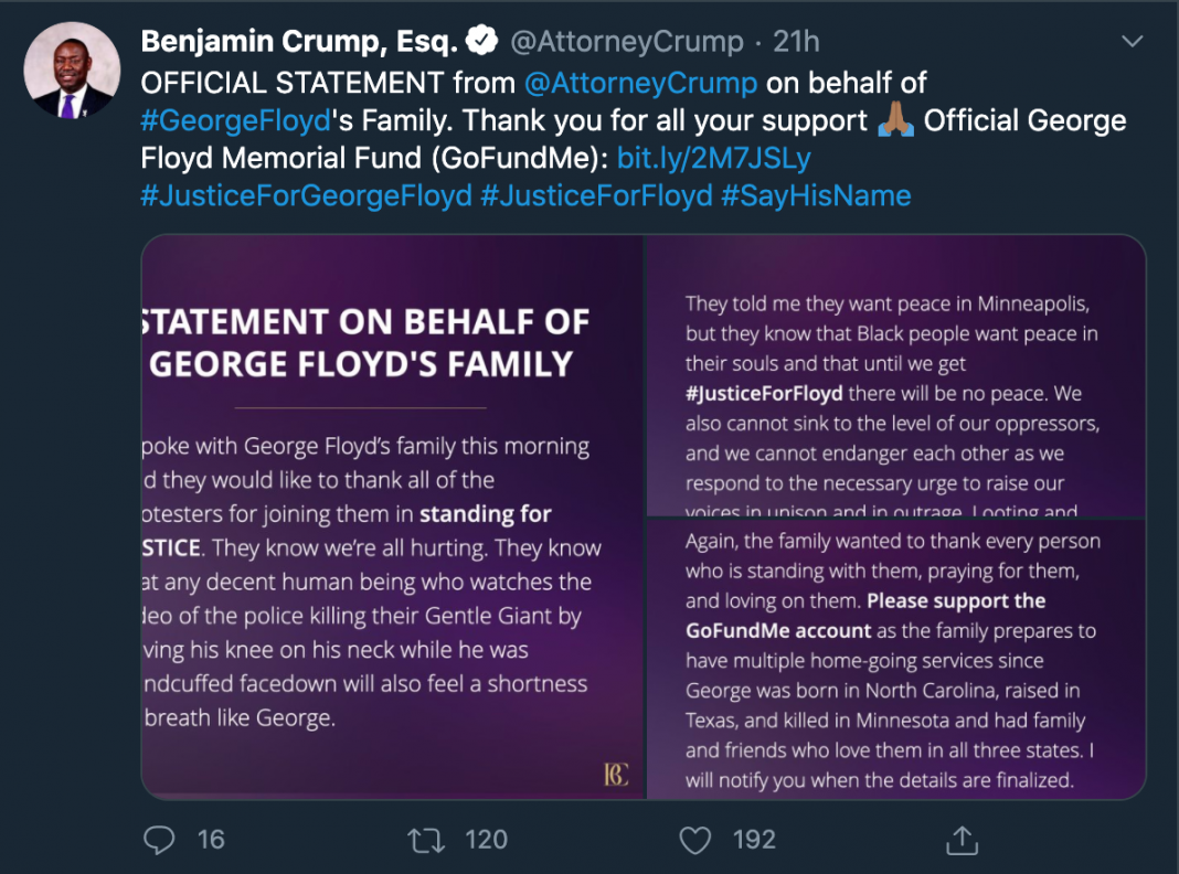 Attorney Benjamin Crump's Tweet (Courtesy of Twitter)