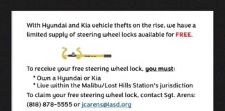 Free Steering Wheel Locks Via LASD Lost Hills Station