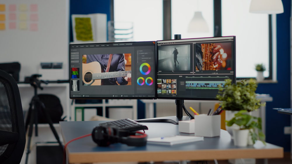 Empty,Creative,Workplace,With,Professional,Computer,Placed,On,Desk,,Dual